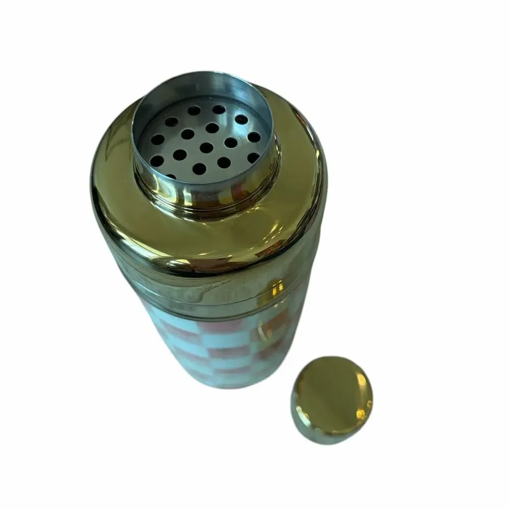 New MacKenzie-Childs Rosy Check 3260 Gold Cocktail Shaker Chic Pink Bareware
